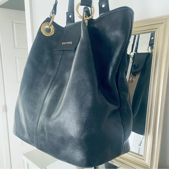 BORSE DATELLI BLACK PEBBLED LEATHER JUMBO SHOULDER BAG MAGNETIC CLOSURE - Picture 6 of 15